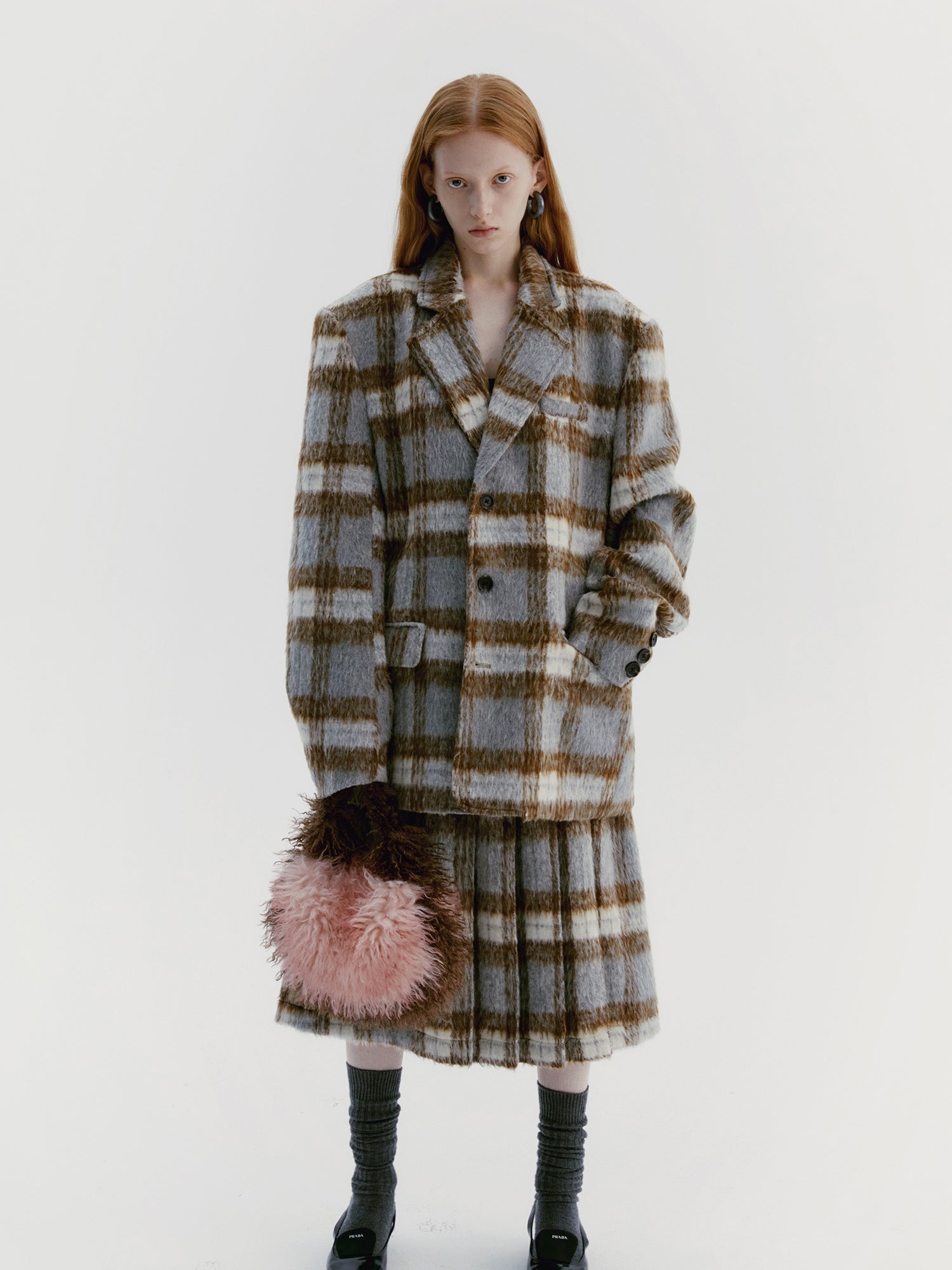 Unisex Checked Wool Retro Oversize Coat＆Long-Skirt