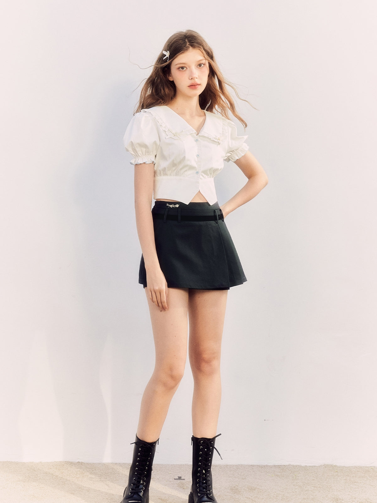 Fril Sailorl-Collar Puss-Sleeve Cute Blosue &amp; Culottes