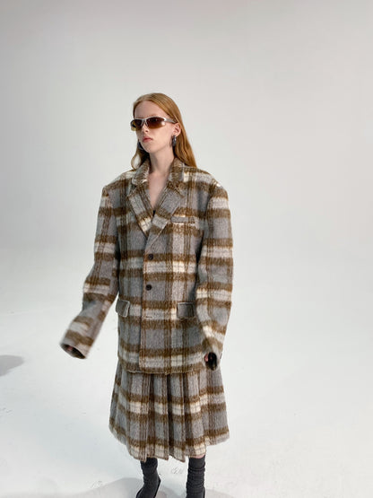 Unisex Checked Wool Retro Oversize Coat＆Long-Skirt