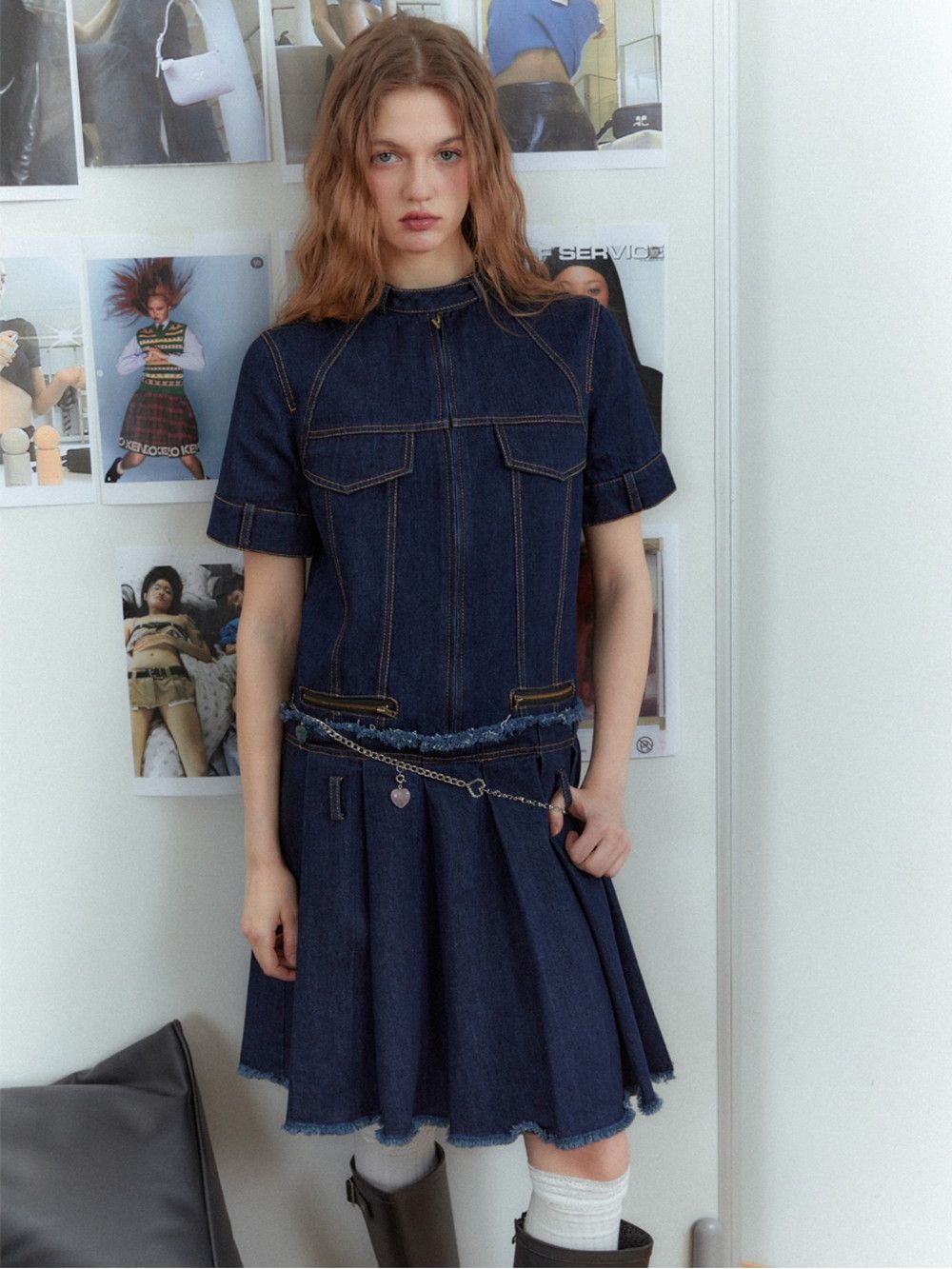 Denim Pleats Casual Retro Girly Cutt-off One-piece