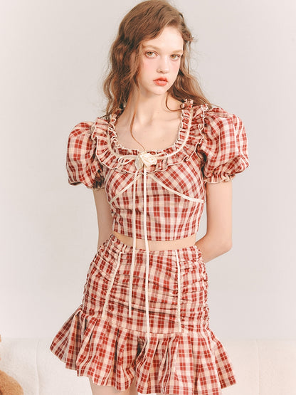 Checked Girly Puff-Sleeve Cute Blouse&amp;Mini-Skirt