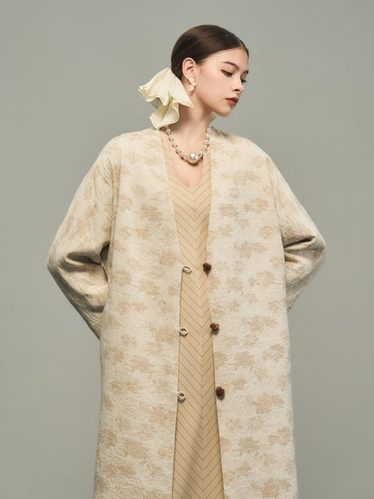 Flower Embroidery Long No-Collar Cotton Long-Coat