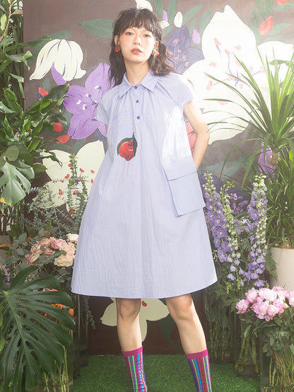 Embroidery Apple Retro Flare Shirt-One-Piece