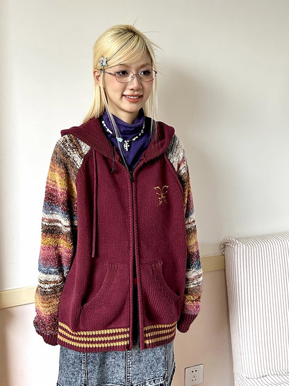 Double-Zip Colorful Hoodie Casual Retor Cardigan