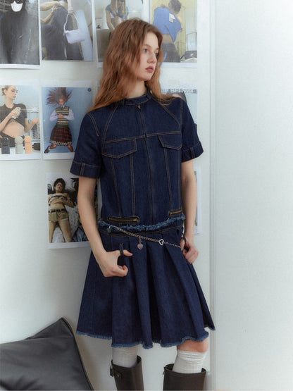 Denim Plissee Casual Retro Girly Cutoff ein Stück