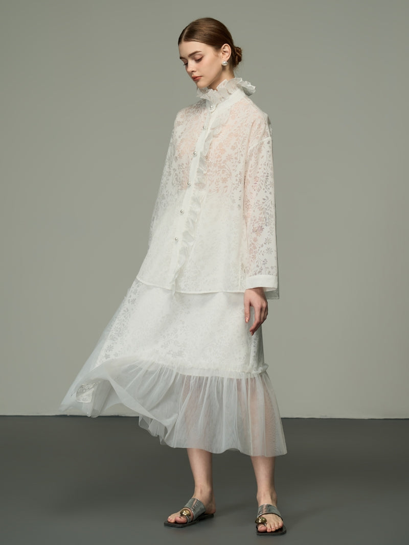 Lace Sheer Elegant Retro High-Neck Frill Blouse