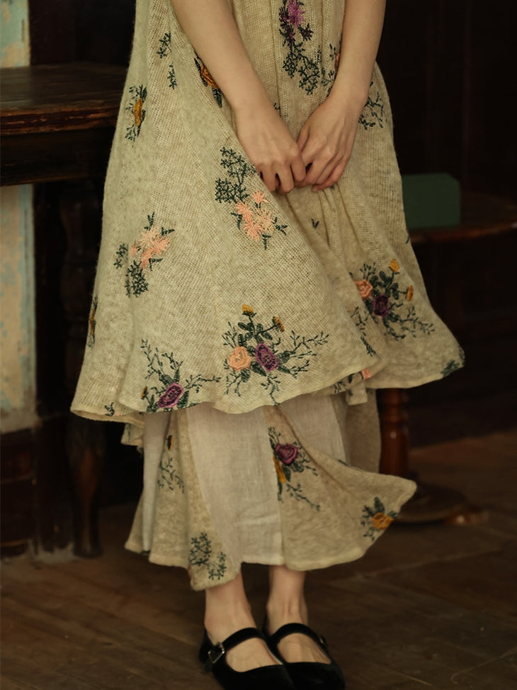 Mermaid Embroidery Flower Natural Long-Skirt