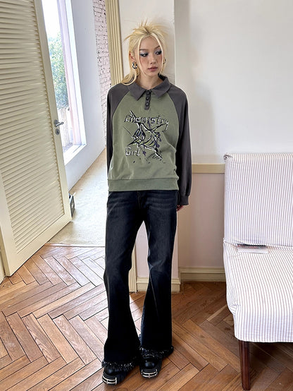 Polo-Neck Casual Retro Sweat Pullover