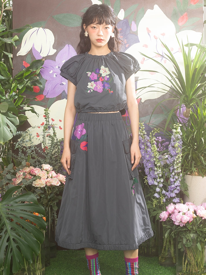 Embroidery Flower Retro Balloon Crumply Blouse &amp; Skirt