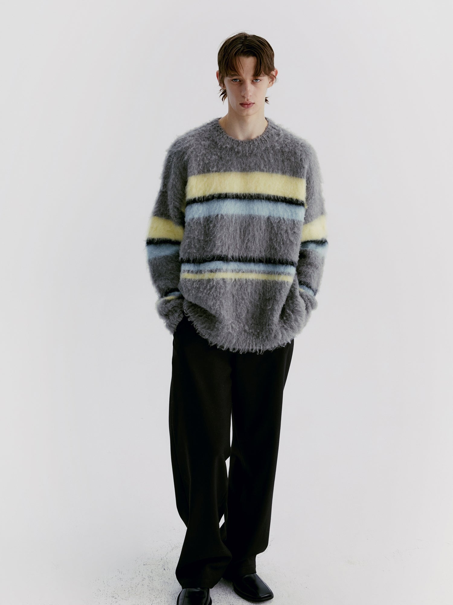 Unisex Border Mohair Ovresize Loose Creneck Knit