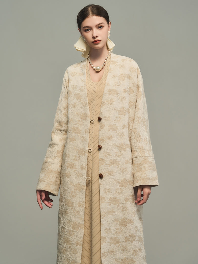 Flower Embroidery Long No-Collar Cotton Long-Coat