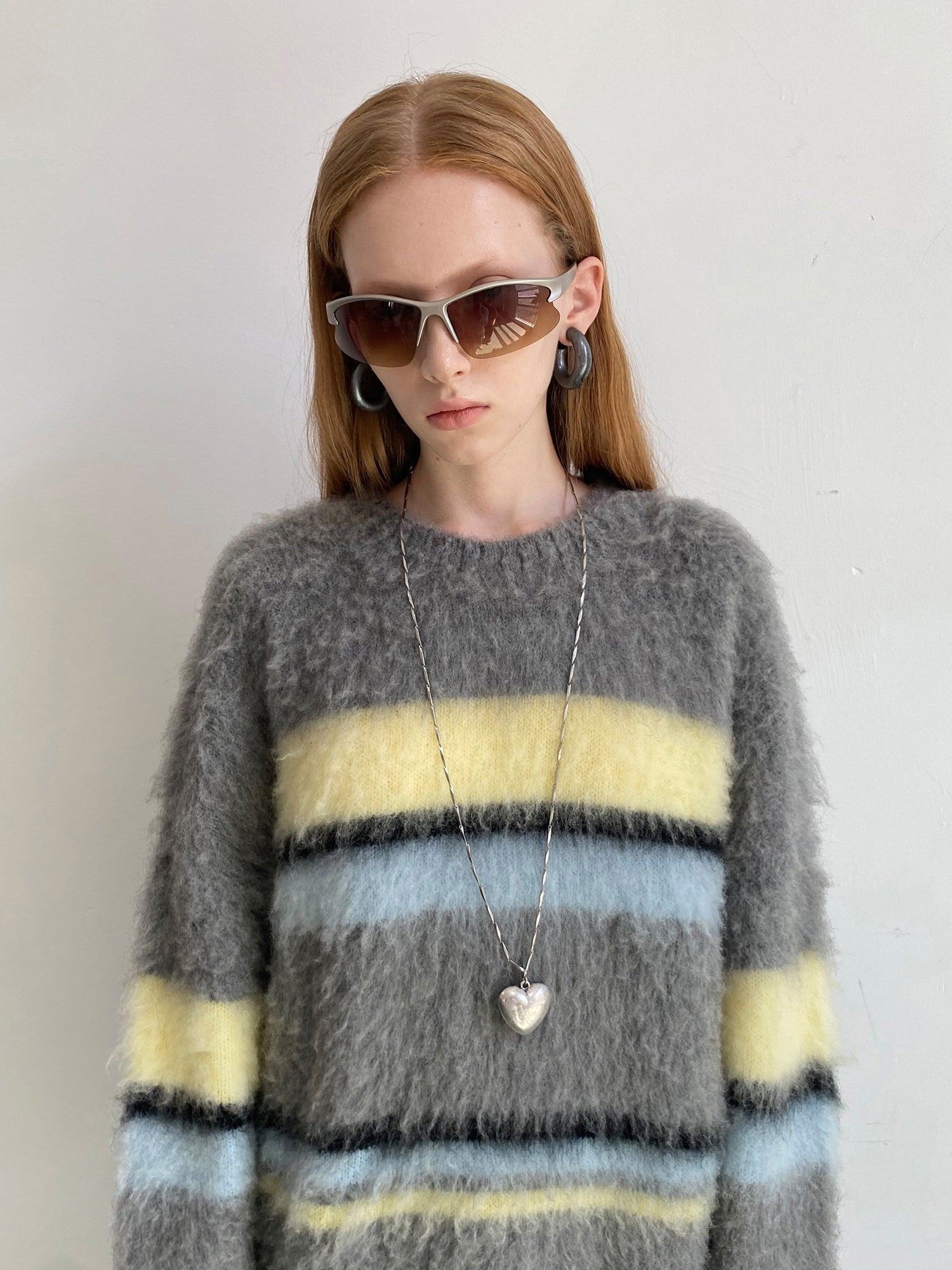 Unisex Border Mohair Ovresize Loose Creneck Knit