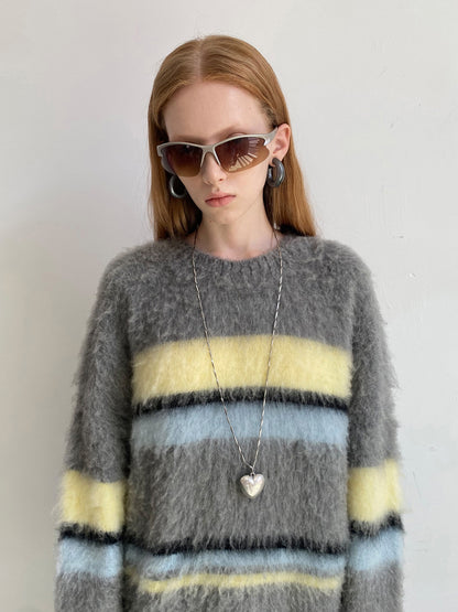 Unisex Border Mohair Ovresize Loose Creneck Knit