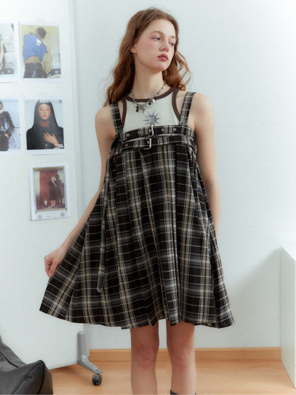 CHECKED GIRLY RETRO PLEATS BELT FLARE ONE-PIECE