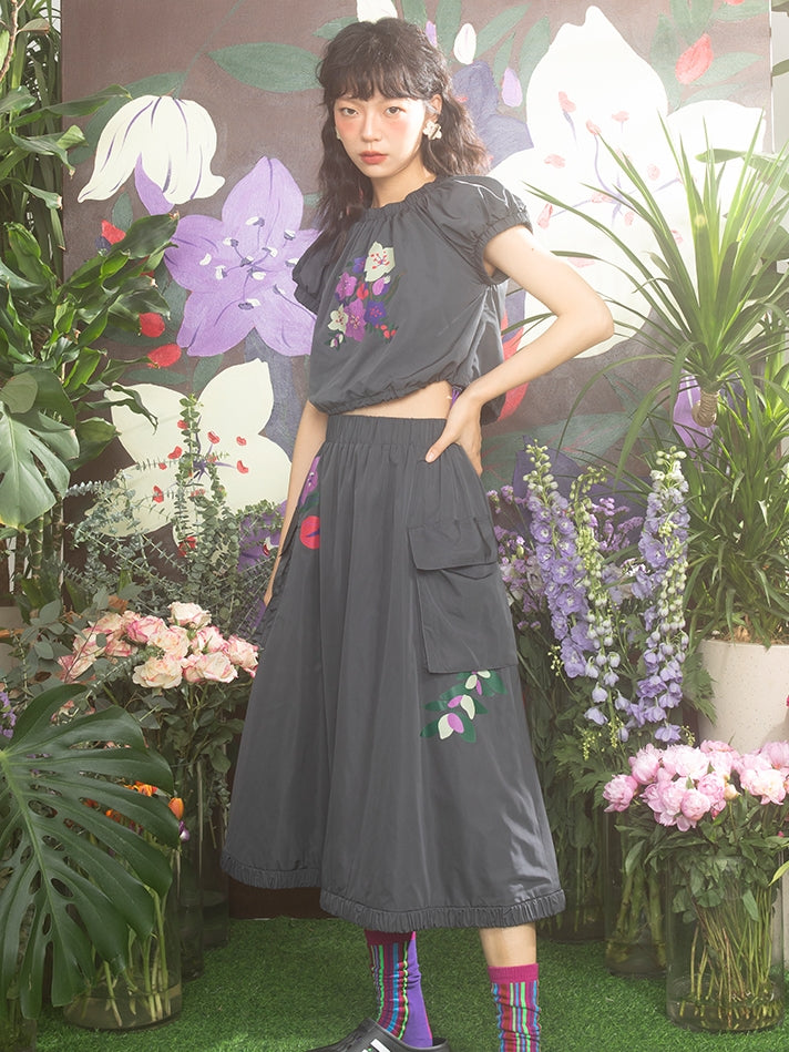 Embroidery Flower Retro Balloon Crumply Blouse &amp; Skirt