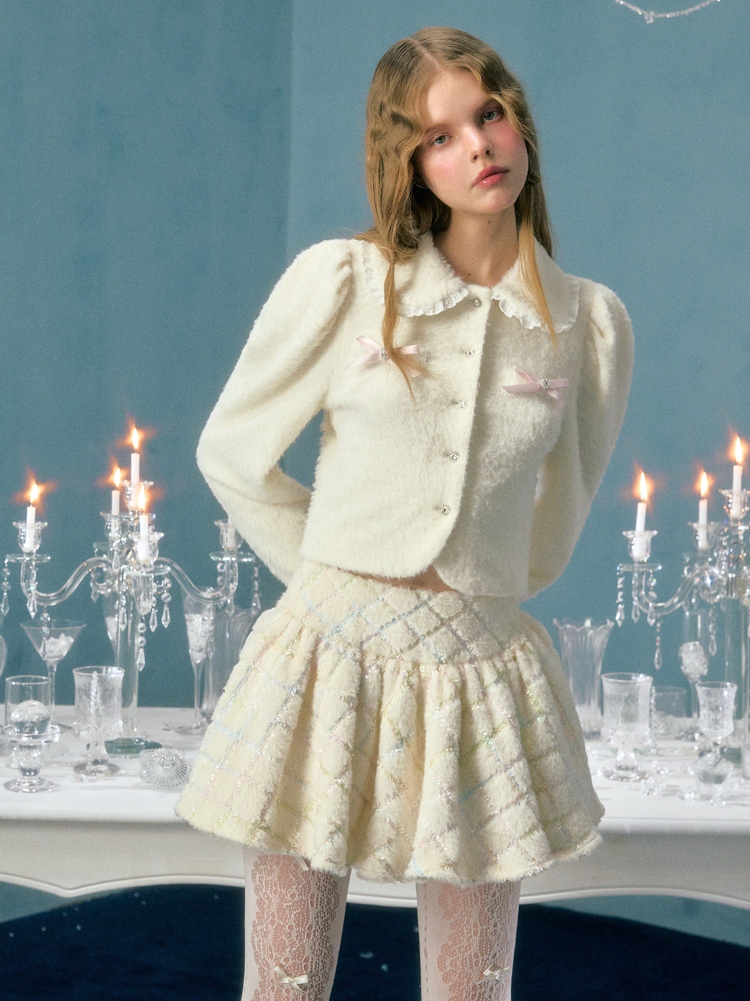 Bow Decoration Lace Collar Puff Sleeve Fluffy Shirt