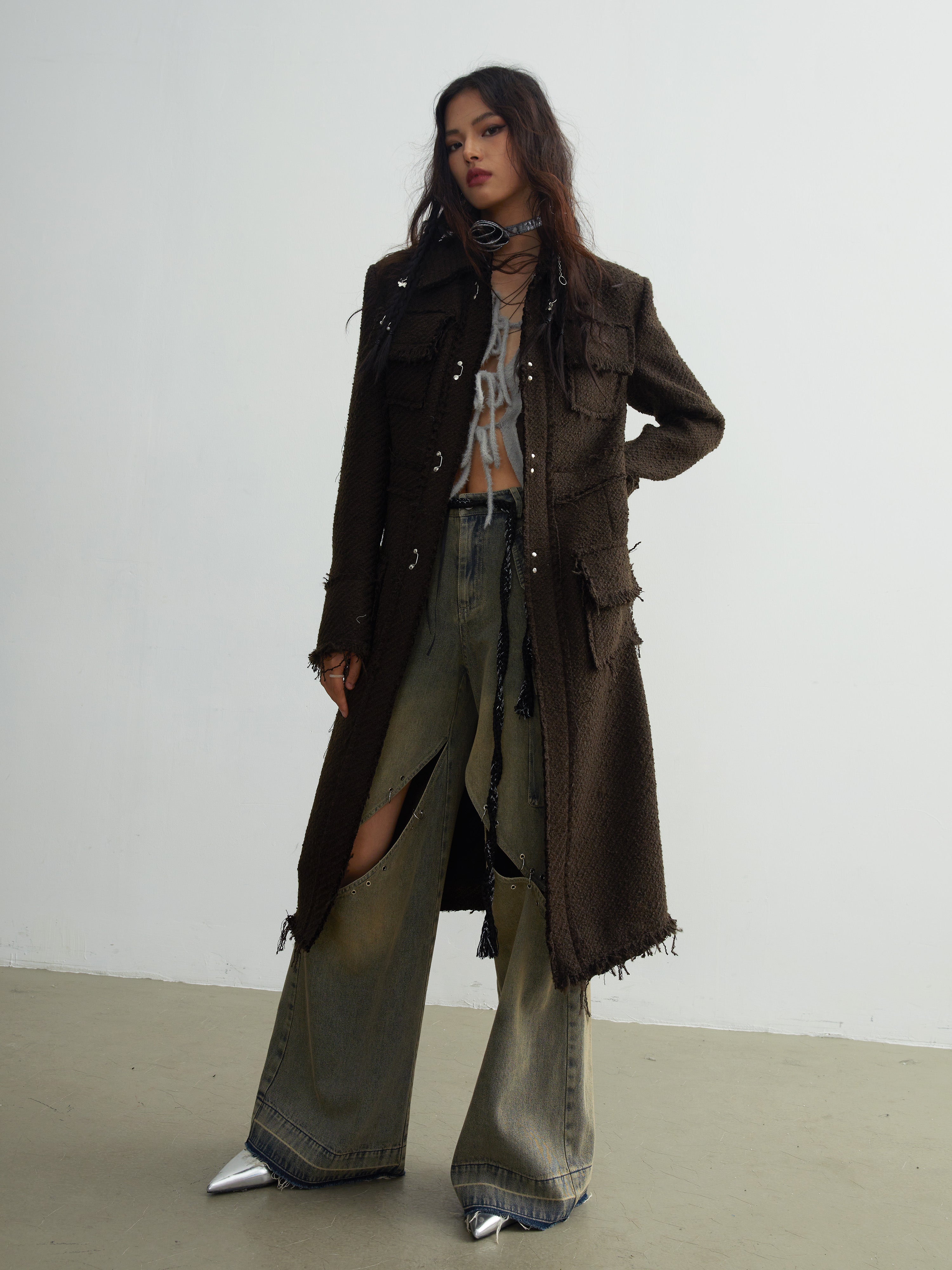 Raw Edge Long Tweed Texture Jacket