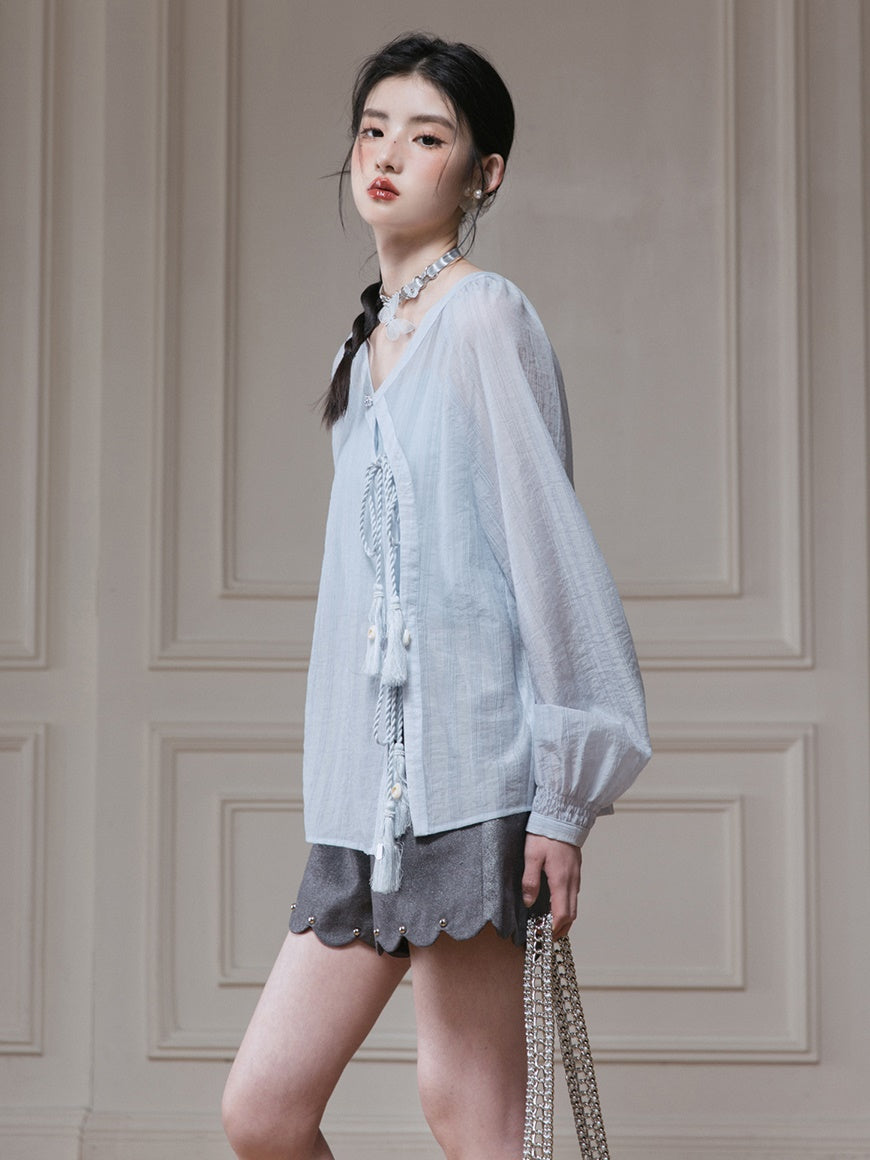 Frill Hem Cut Imitation Denim Short Pants