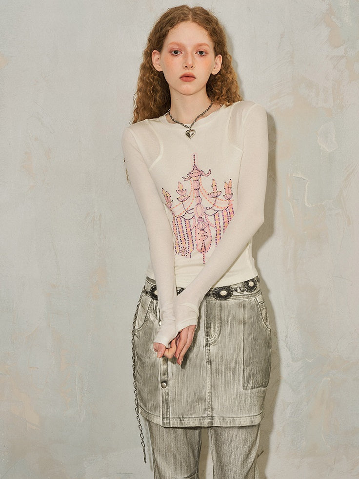 Rhinestone Printed Crystal Lamp Fake Two-piece Bottoming Shirt