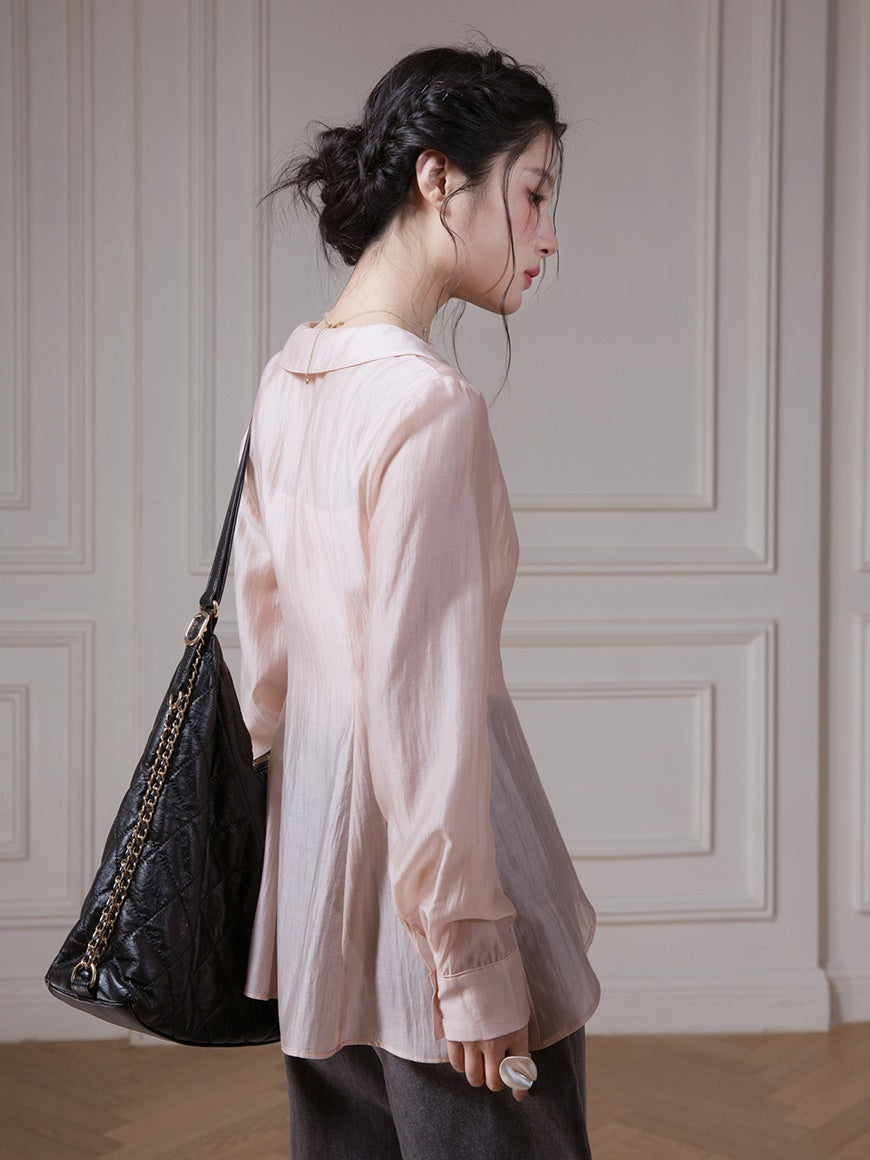 U-neck Shawl Collar Transparent Fishtail Shirt With Camisole