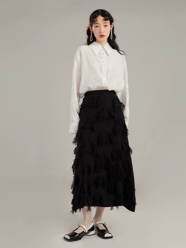 Irregular Jacquard Fringe A-line Mid-length Skirt