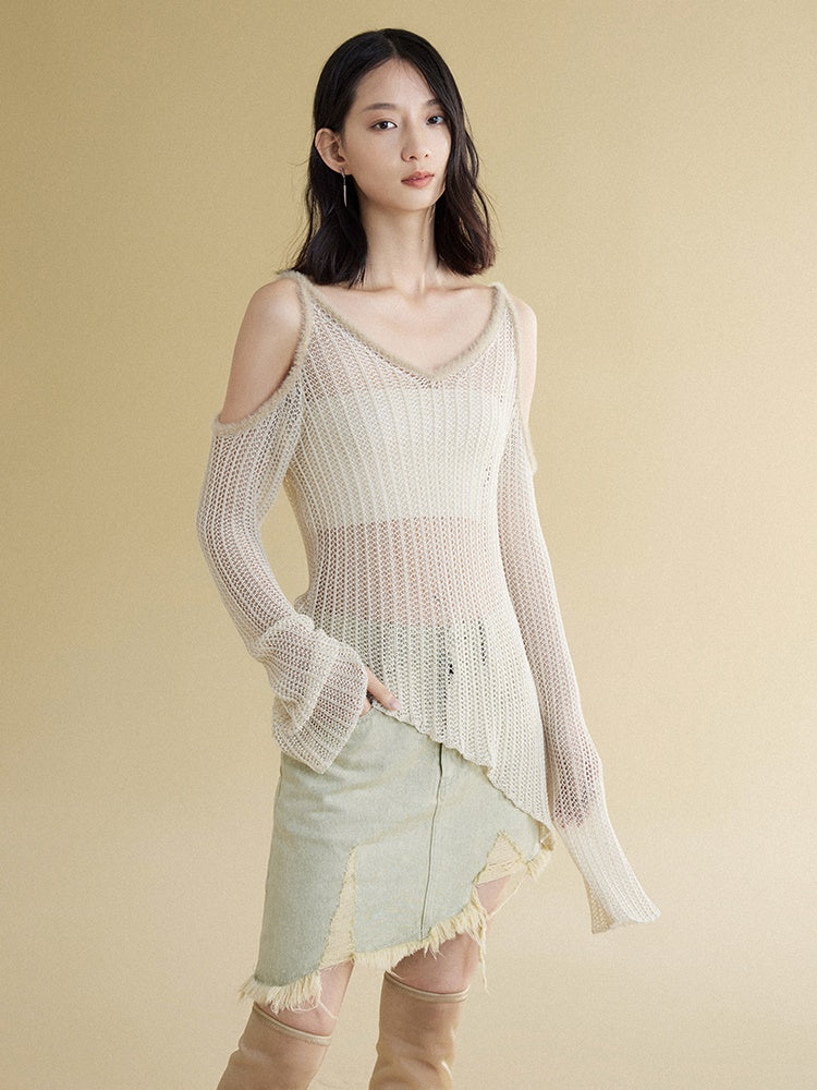 Cut Shoulder Stitching Sunscreen Long-sleeved Sweater