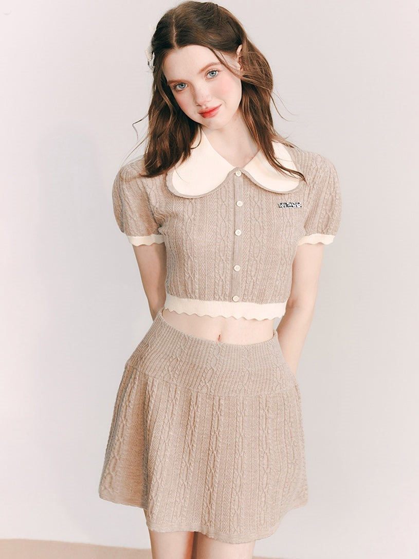 Doll Collar Knitted Top &amp; A-line Half Skirt Set-up