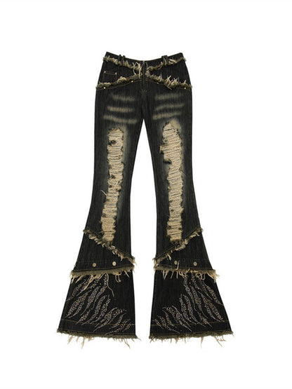 Denim Crash Damage Bijou Rhinestone Tassel Flare-Pants