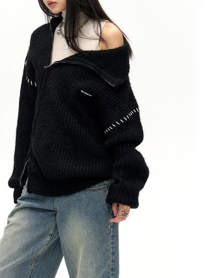 Slant ZIP-Up High Neck Knitted Jacket