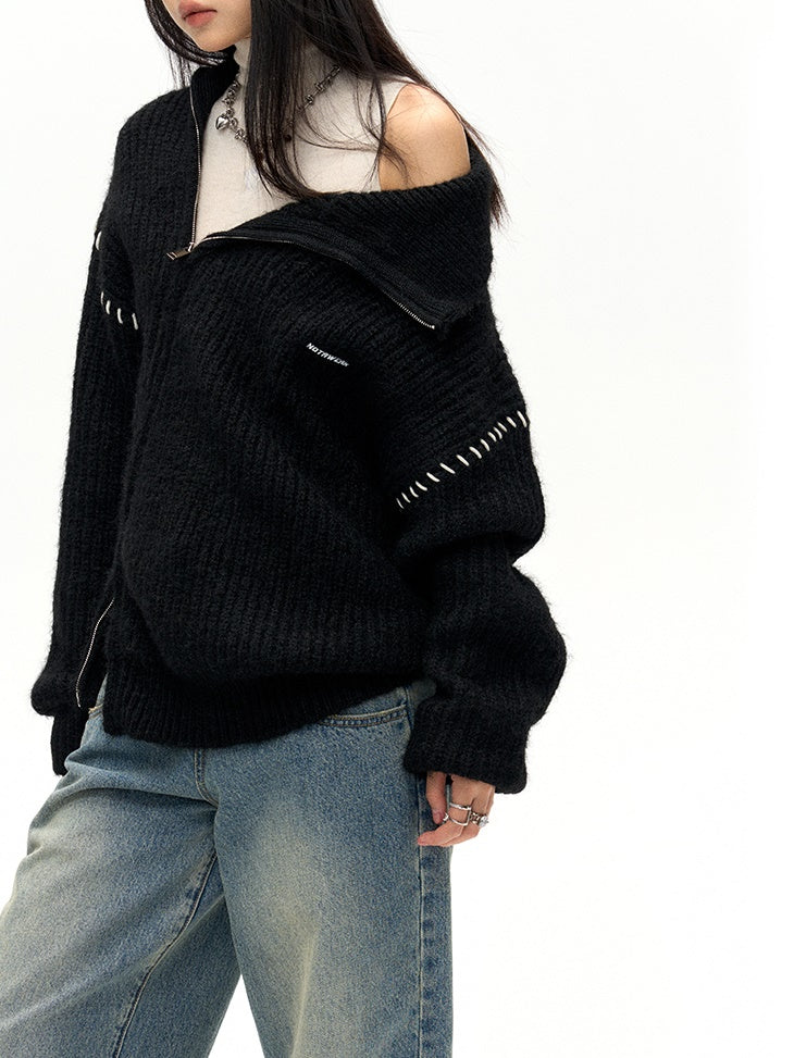 Double-ZIP High Neck Knitted Jacket