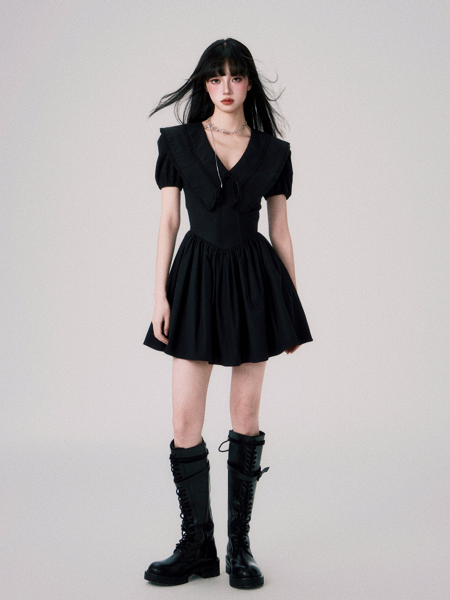 Babydoll Collar Puff Sleeve Short One-piece