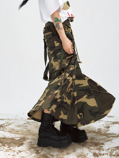 Camouflage Zipper Slit Work Maxi Skirt