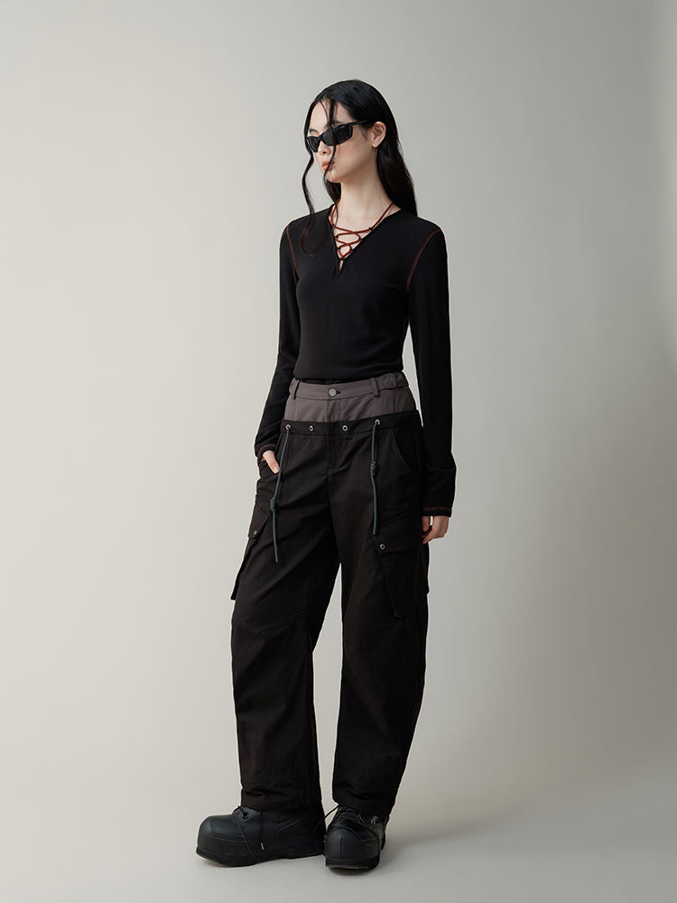 Double Waist Splicing Drawstring Wide Leg Pants