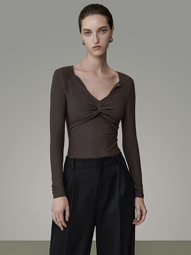 V-neck Sweater Pleated Twist Design Bottoming Shirt