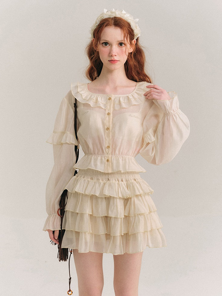 Shimmer Frill Collar Shirt ＆ Fluffy Cake Skirt