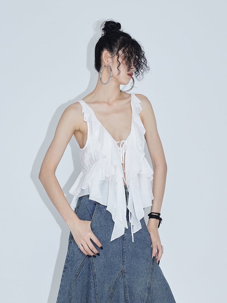 Double-layer Ruffles Chiffon V-neck Sleeveless Top