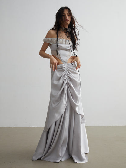 Tailloses Off-Shoulder-Maxi-Satinkleid