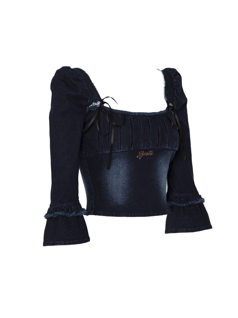 Denim Puff Sleeve Top &amp; Pleated Skirt