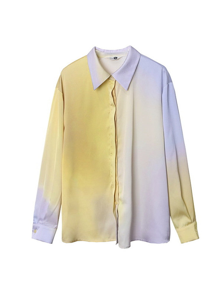 Set-Up Gradation Pale-Tone Retro Satin Cnihi Shirt＆Long-Skirt