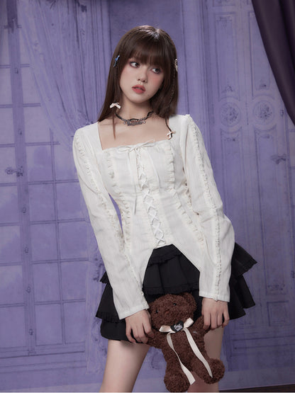 Square Neck French Style Lace-Up Shirt