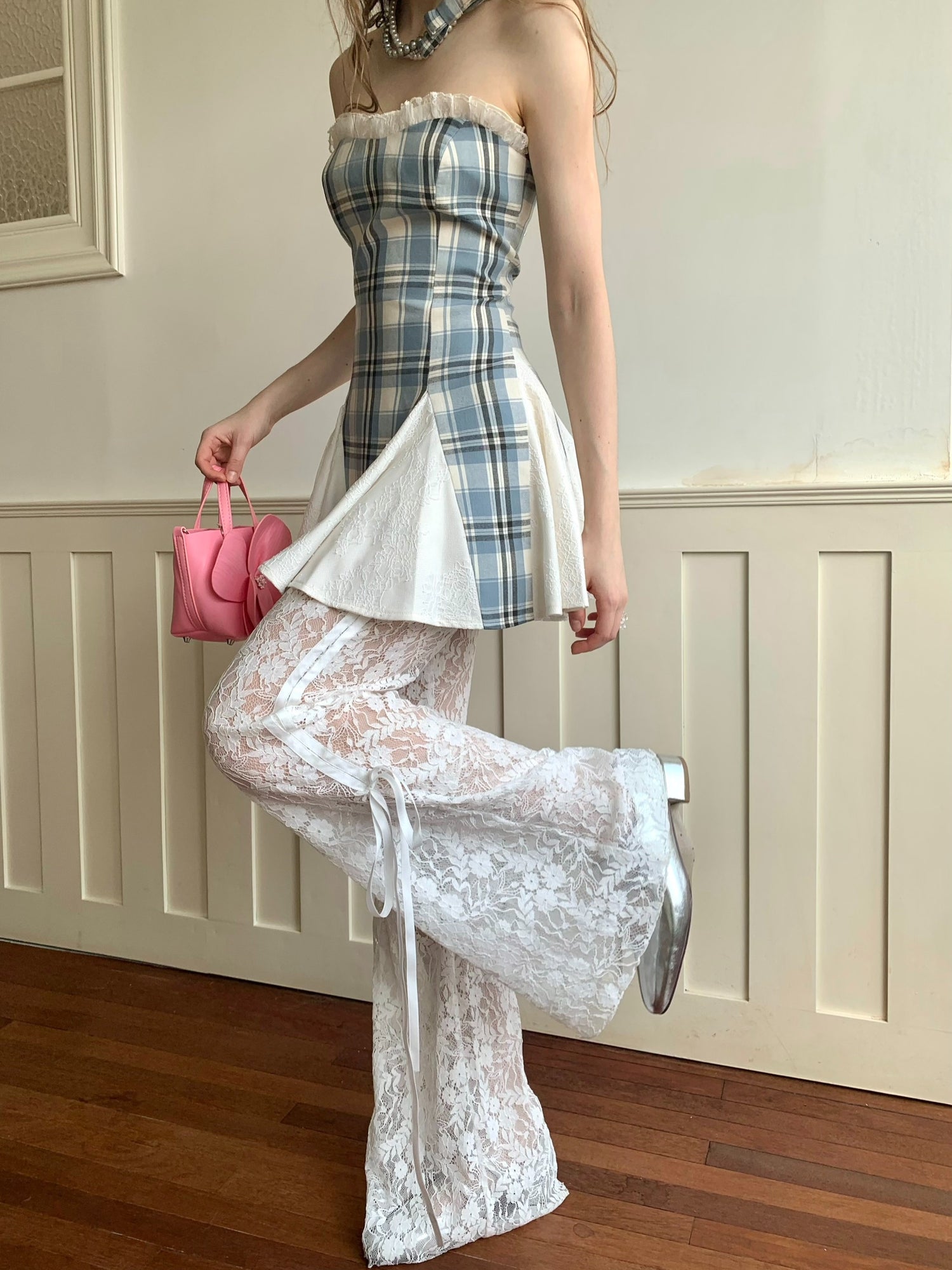 Vintage Plaid Off-shoulder Bandeau Short Dress