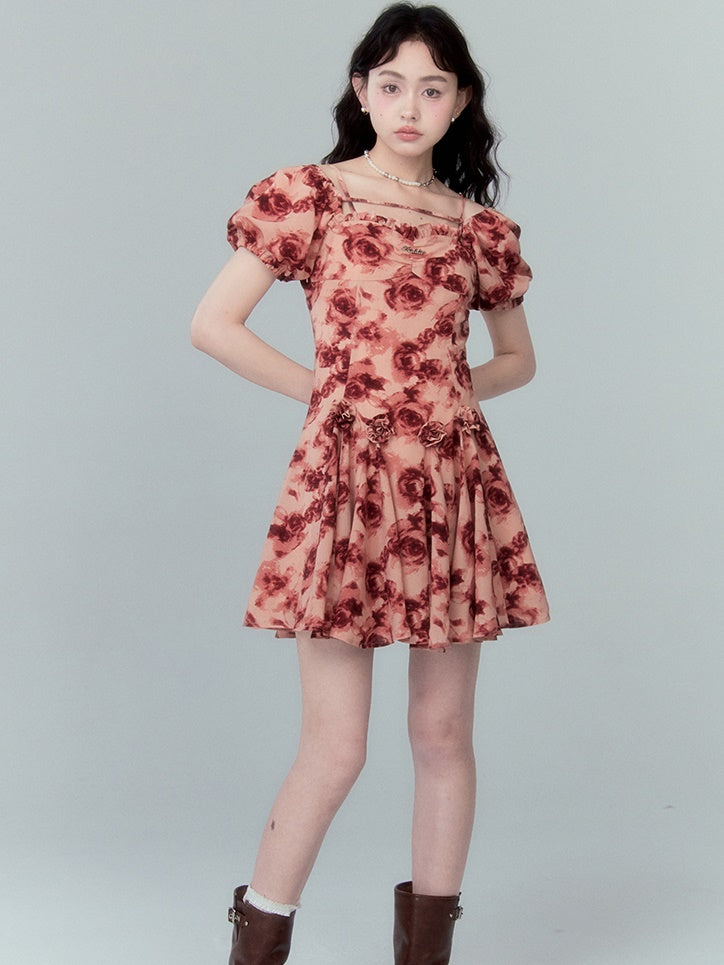 Rose Print Square Collar Puff Sleeve Dress