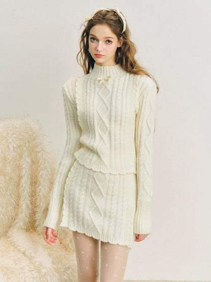 Cable Bottle-Neck Fluffy Knit Sweater ＆ Frill Knitted Skirt