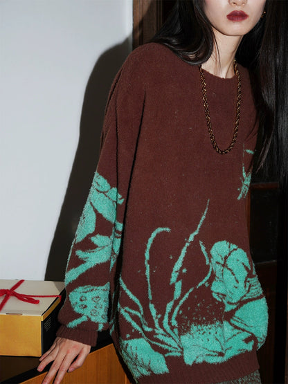 Loose Flower Jacquard Knitted Sweater &amp; Skirt