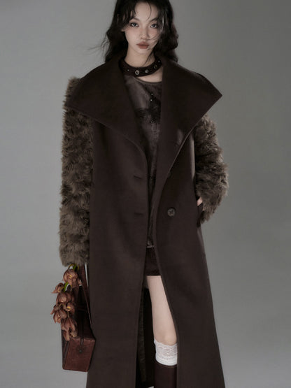 Plush Fur Sleeve Splicing Stand Collar Coat