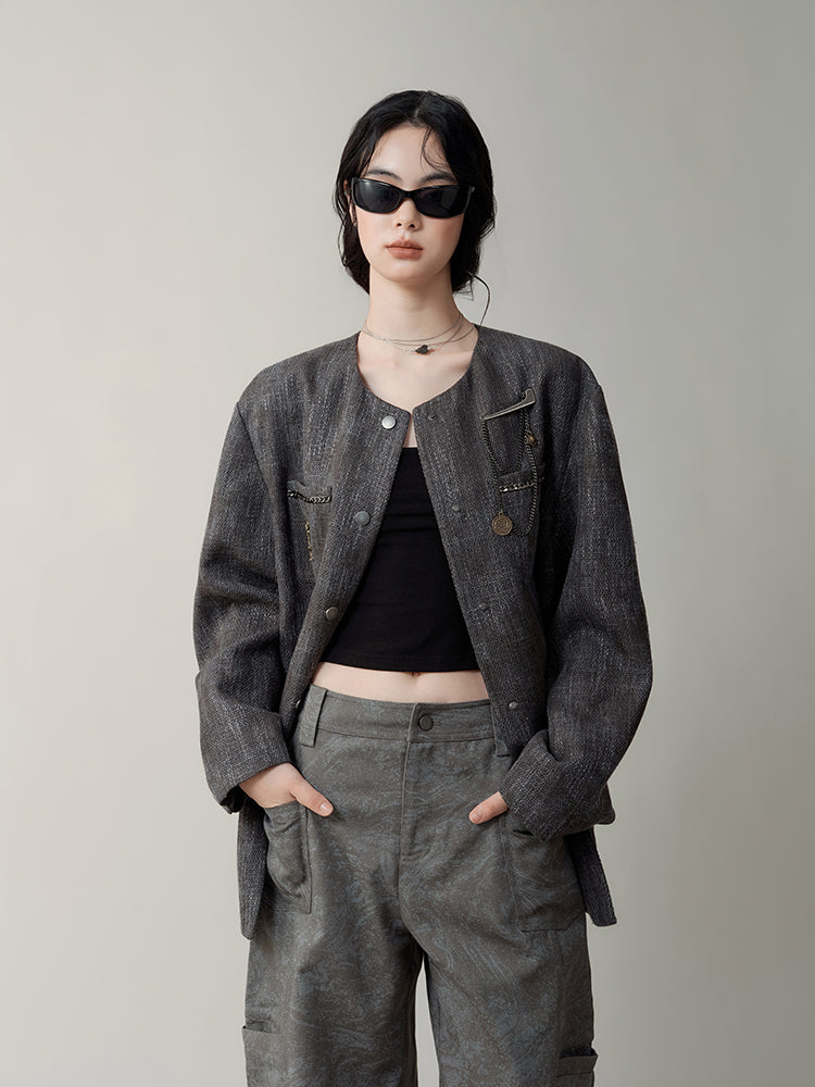 Blended Yarn Texture Chain Accent No-Collar Jacket