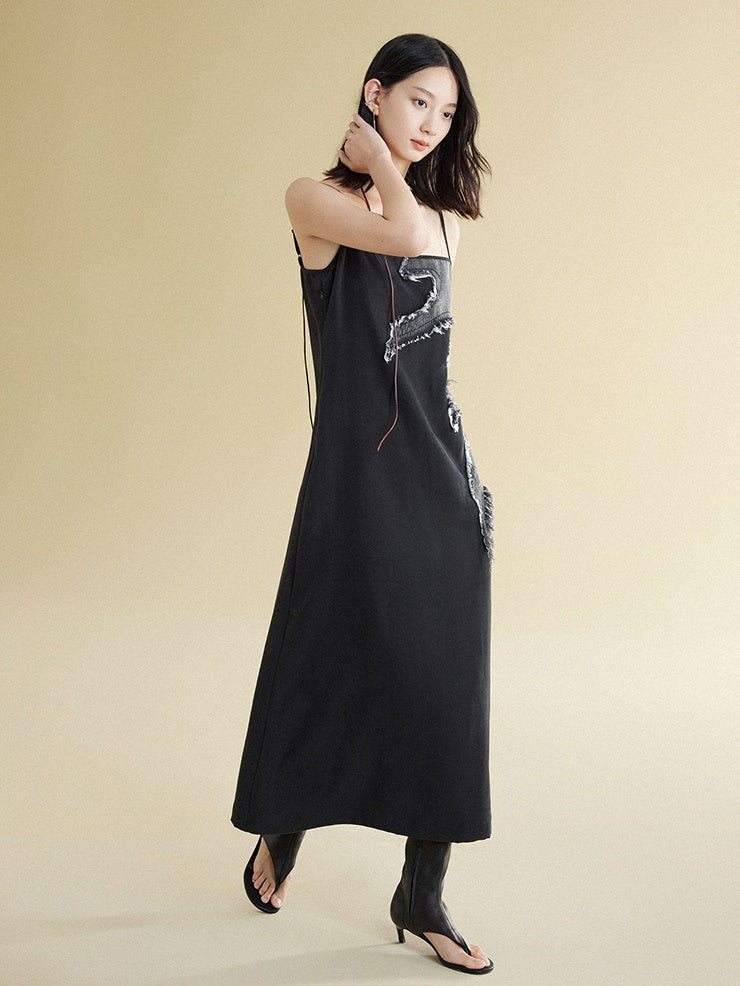 Two-tone Washed Denim Patch Sling Dress