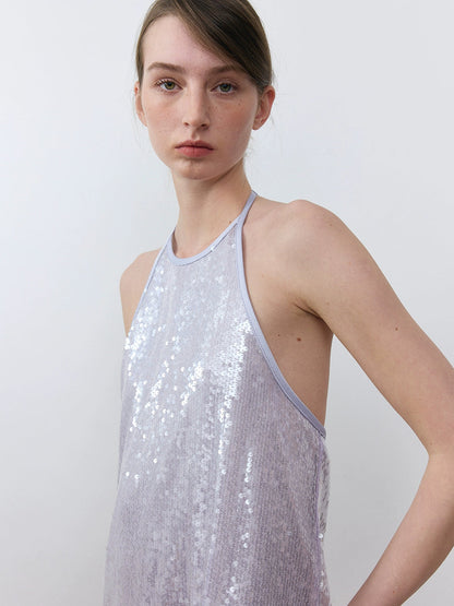 Pearlescent Three-dimensional Sequin Halter Neck Dress