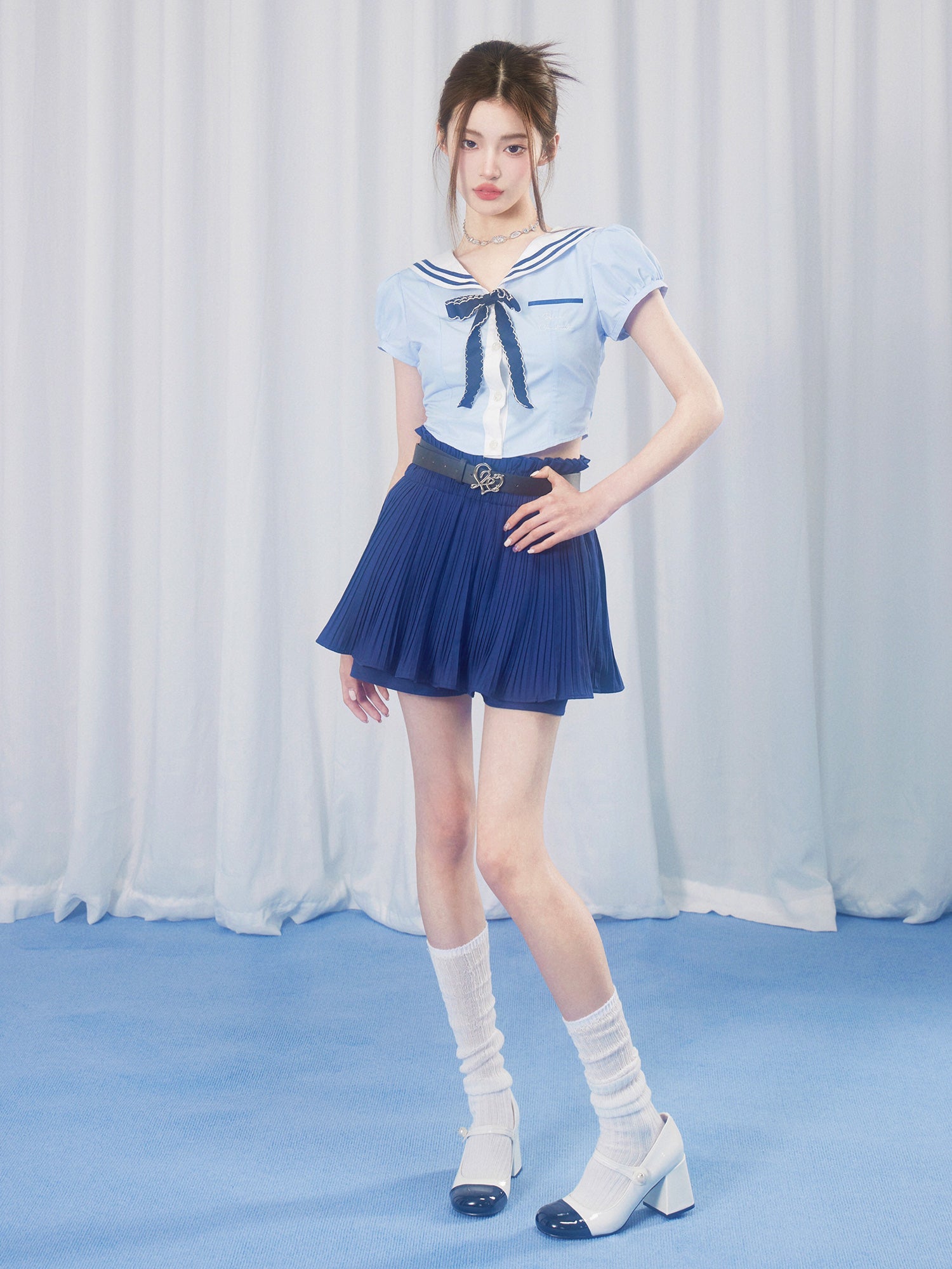 School Girl Puff Sleeve Top &amp; Pleated Skirt