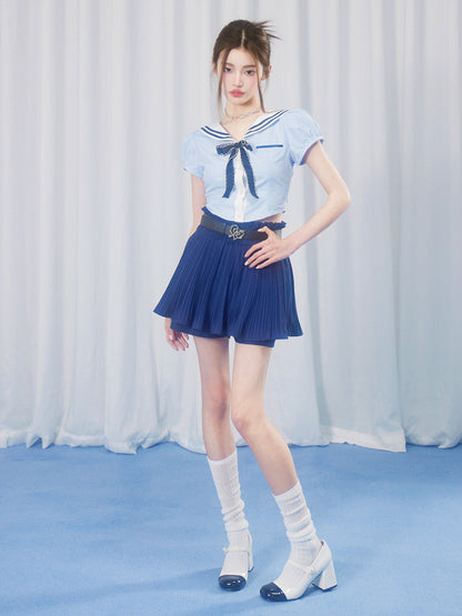 School Girl Puff Sleeve Top &amp; Pleated Skirt